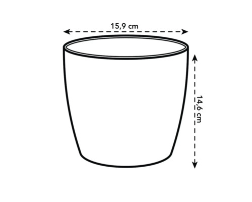 Nákres kvetináča s rozmermi 15,9 cm na šírku a 14,6 cm na výšku