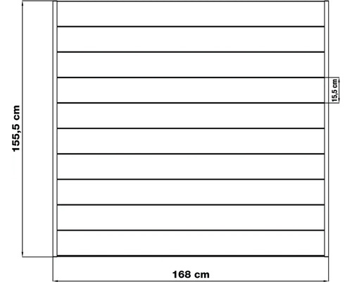 Technický nákres nástenného panelu s rozmermi 155,5 cm výška, 168 cm šírka a 15,5 cm hĺbka