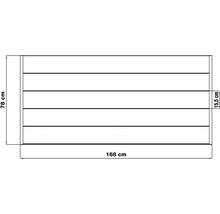 Technický nákres regálovej dosky s rozmermi 168 cm šírka, 78 cm výška a 15,5 cm hĺbka.