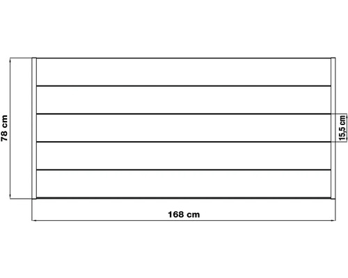 Technický nákres regálovej dosky s rozmermi 168 cm šírka, 78 cm výška a 15,5 cm hĺbka.