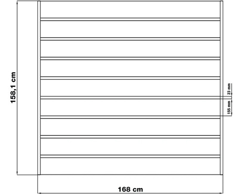 Technický nákres police so šírkou 168 cm a výškou 158,1 cm