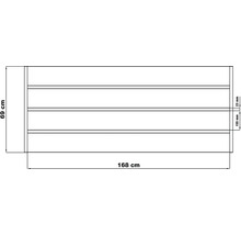 Technický nákres police s rozmermi 69 cm na výšku a 168 cm na šírku