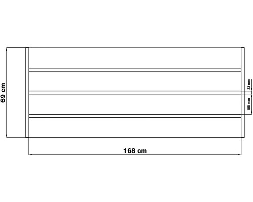 Technický nákres police s rozmermi 69 cm na výšku a 168 cm na šírku