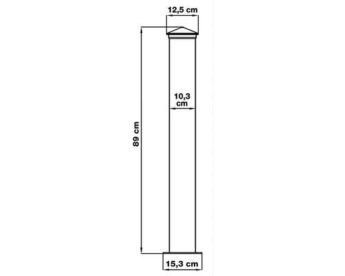 Technický nákres stĺpika plota s rozmermi 89 cm výška, 12,5 cm šírka hore, 10,3 cm šírka v strede a 15,3 cm šírka dole.