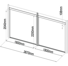 Technický nákres posuvných dverí s rozmermi 2040 mm výška, 3670 mm šírka a 108 mm hĺbka.