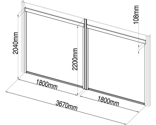 Technický nákres posuvných dverí s rozmermi 2040 mm výška, 3670 mm šírka a 108 mm hĺbka.