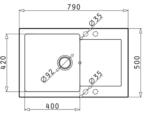 Technický nákres drezu s rozmermi
