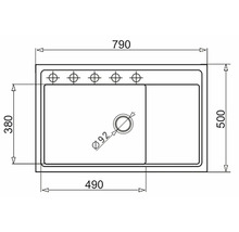 Technický nákres kuchynského drezu s rozmermi.