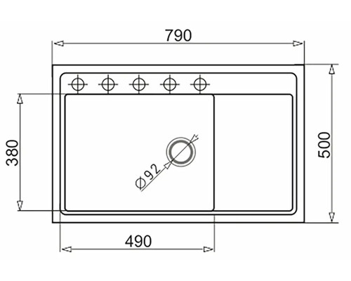 Technický nákres kuchynského drezu s rozmermi.
