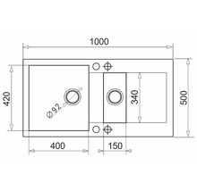 Technický nákres drezu s rozmermi 1000 x 500 mm