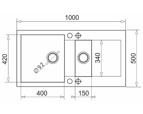 Technický nákres drezu s rozmermi 1000 x 500 mm