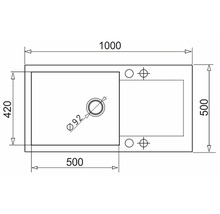 Nákres umývadla s rozmermi 1000 x 500 x 420 mm a priemerom 92 mm