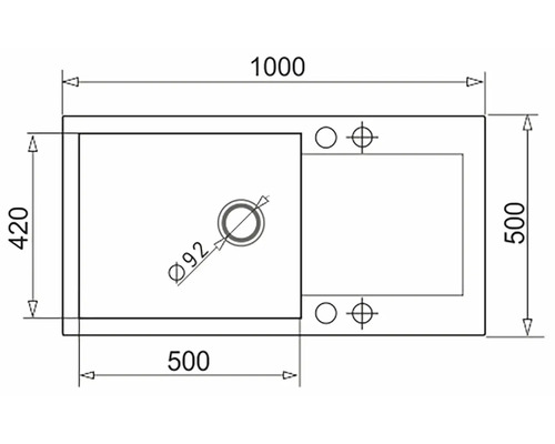 Nákres umývadla s rozmermi 1000 x 500 x 420 mm a priemerom 92 mm