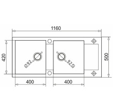 Technický nákres dvojitého umývadla s rozmermi