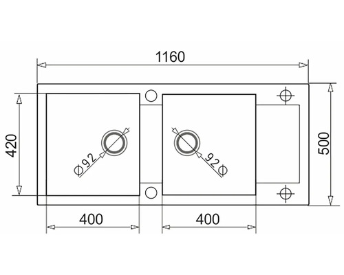 Technický nákres dvojitého umývadla s rozmermi