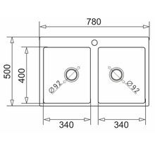 Technický nákres dvojitého drezu s rozmermi 780 x 500 milimetrov.