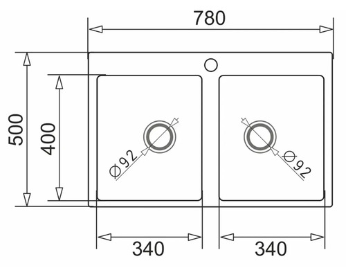 Technický nákres dvojitého drezu s rozmermi 780 x 500 milimetrov.