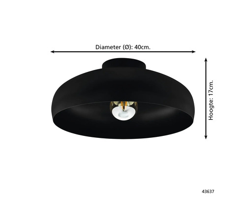 Čierne stropné svietidlo s priemerom 40 centimetrov a výškou 17 centimetrov.