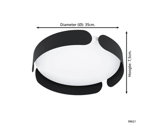 Stropné svietidlo má priemer 35 cm a výšku 7,5 cm.