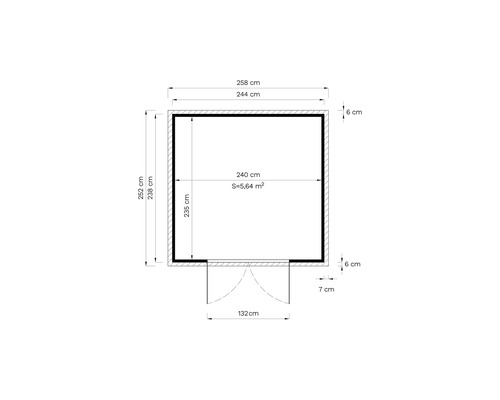 Pôdorys s rozmermi: šírka 258 cm, hĺbka 252 cm, vnútorná plocha 5,64 metra štvorcového