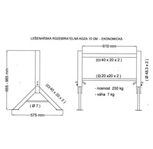 Technický nákres nastaviteľnej lešenárskej kozy s rozmermi a údajmi o hmotnosti