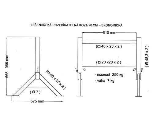 Technický nákres nastaviteľnej lešenárskej kozy s rozmermi a údajmi o hmotnosti