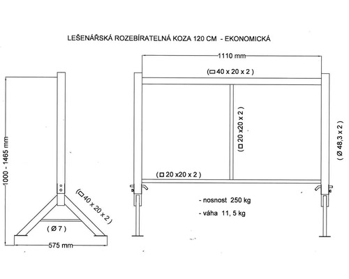 Technický nákres rozoberateľnej kozy na lešenie 120 centimetrov, rozmery a špecifikácie