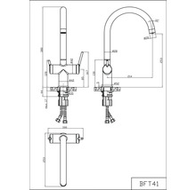 Technický nákres kuchynskej batérie s rozmermi