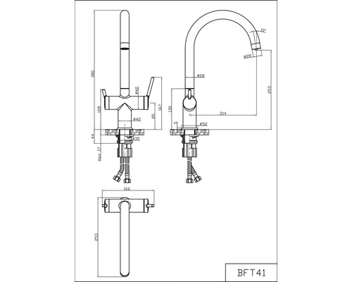 Technický nákres kuchynskej batérie s rozmermi