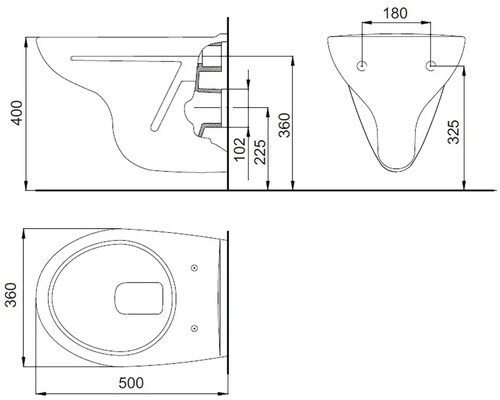 Technický nákres závesného WC s rozmermi