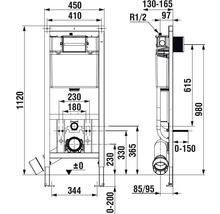 Technický nákres sanitárneho inštalačného systému s rozmermi