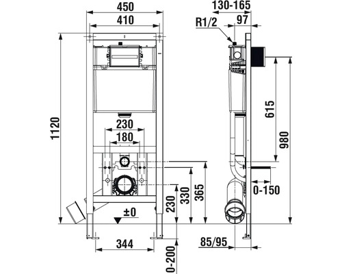 Technický nákres sanitárneho inštalačného systému s rozmermi