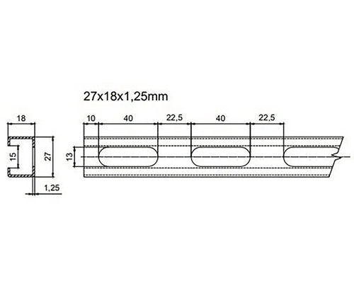 Technický nákres C-profilu s rozmermi 27x18x1,25 milimetrov