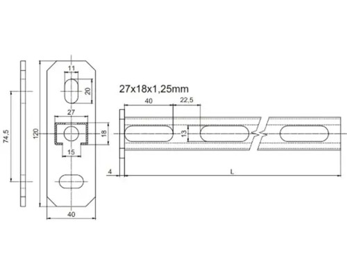 Technický výkres kovovej lišty s rozmermi