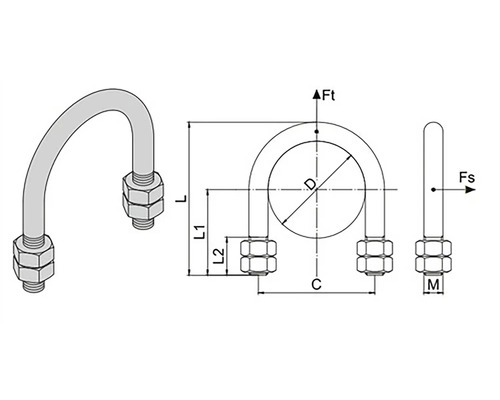 Technický nákres rúrkovej objímky so závitom a maticami na upevnenie rúrok.