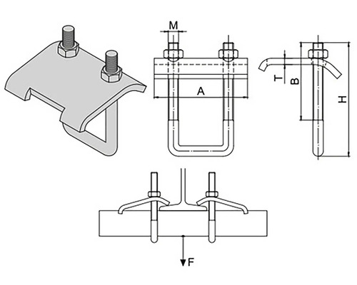 Technický nákres rúrkovej spony so skrutkami a maticami
