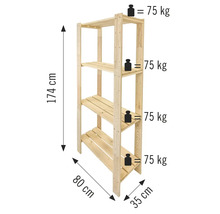 Drevený regál so štyrmi policami a údajmi o hmotnosti