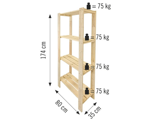 Drevený regál so štyrmi policami a údajmi o hmotnosti