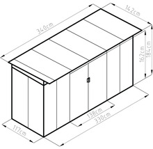 Technický nákres záhradného domčeka s rozmermi: šírka 340 centimetrov, výška 184 centimetrov a hĺbka 142 centimetrov.