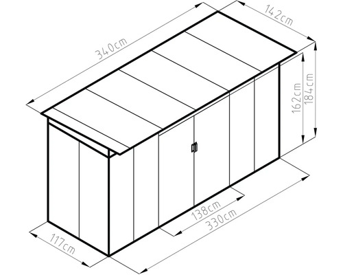 Technický nákres záhradného domčeka s rozmermi: šírka 340 centimetrov, výška 184 centimetrov a hĺbka 142 centimetrov.