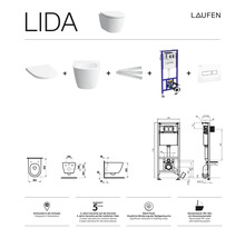 Laufen Lida závesné WC so splachovacou hlbokou misou, montážnym prvkom a ovládacím panelom, technické výkresy a symboly
