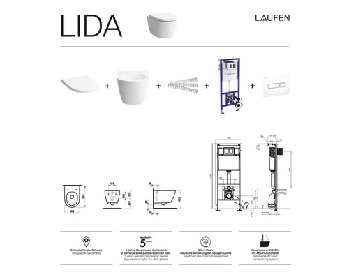 Laufen Lida závesné WC so splachovacou hlbokou misou, montážnym prvkom a ovládacím panelom, technické výkresy a symboly