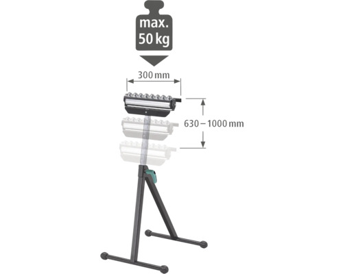 Stojan na materiál s maximálnou nosnosťou 50 kilogramov, šírkou valca 300 milimetrov a výškou 630 až 1000 milimetrov