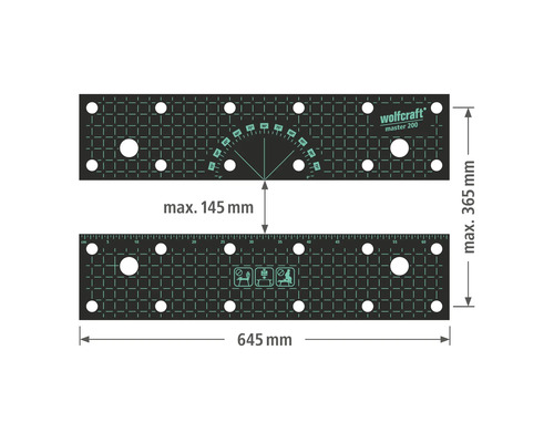 Doska ponku Wolfcraft Master 200 s rozmermi maximálne 365 krát 645 milimetrov a maximálnym rozpätím 145 milimetrov