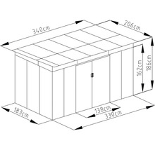 Technický nákres záhradného domčeka: strecha 340 na 206 centimetrov, výška 186 centimetrov, dvojkrídlové dvere 138 na 162 centimetrov.