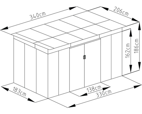 Technický nákres záhradného domčeka: strecha 340 na 206 centimetrov, výška 186 centimetrov, dvojkrídlové dvere 138 na 162 centimetrov.