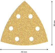 Trojuholníkový brúsny papier s dĺžkou hrany 93 mm a šiestimi otvormi