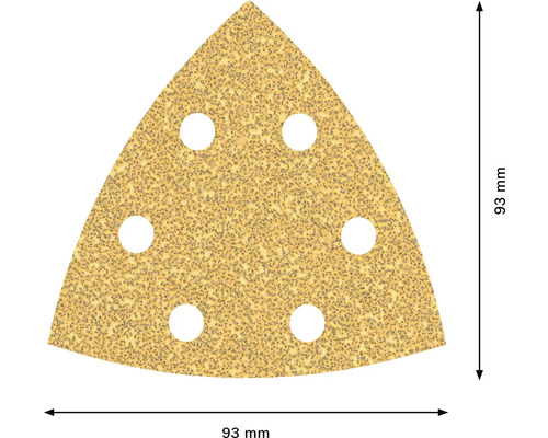 Trojuholníkový brúsny papier s dĺžkou hrany 93 mm a šiestimi otvormi