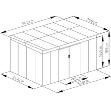 Technický nákres záhradného domčeka: šířka 340 centimetrov, hĺbka 269 centimetrov, výška 189 centimetrov. Rozmer sokla 330 na 244 centimetrov.