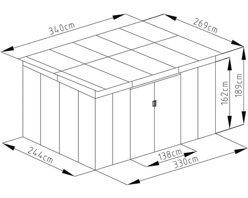 Technický nákres záhradného domčeka: šířka 340 centimetrov, hĺbka 269 centimetrov, výška 189 centimetrov. Rozmer sokla 330 na 244 centimetrov.